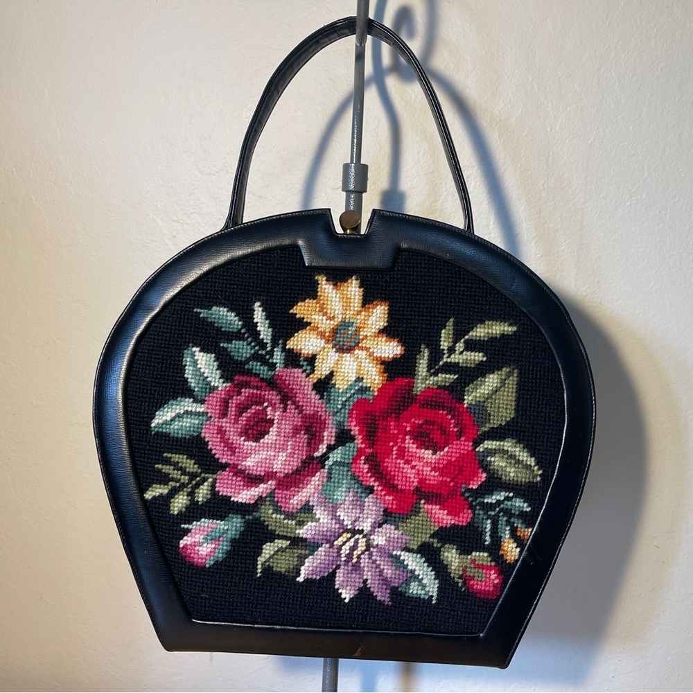 Original by Caprice Vintage Black Leather Floral Needlepoint Tapestry Handbag